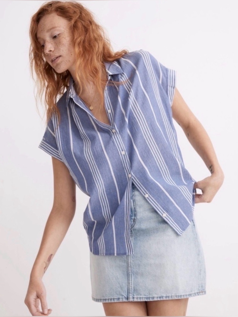 Madewell Central Cotton Button Down Shirt in Highley Stripe, size L